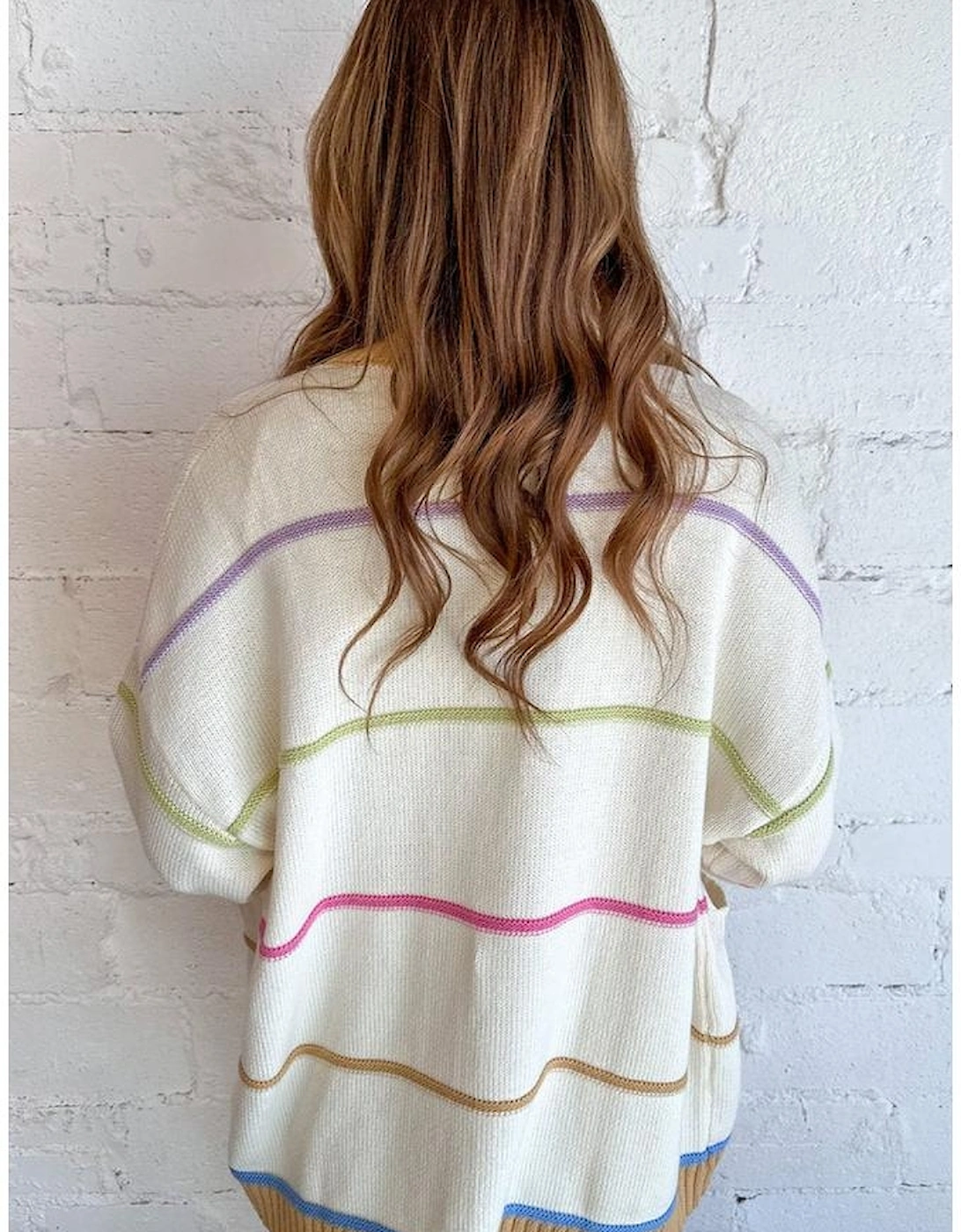 White Color Block Striped Open Front Cardigan With Pocket, 4 of 3