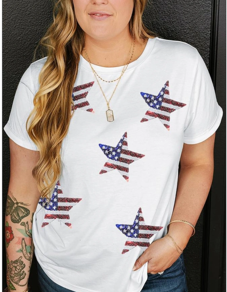 White Sequin American Flag Star Pattern Plus Size Tee