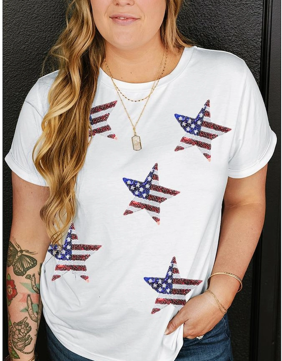 White Sequin American Flag Star Pattern Plus Size Tee