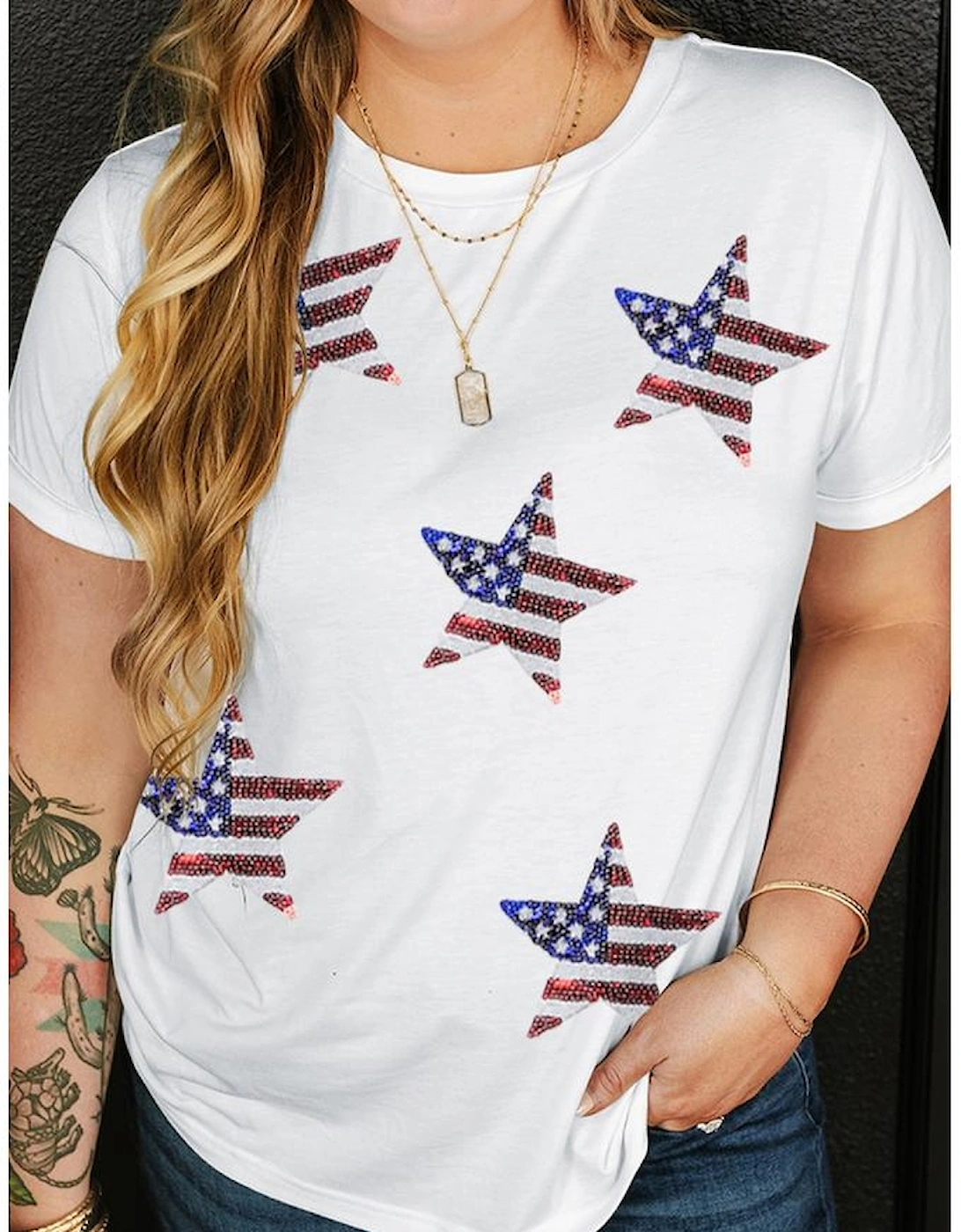 White Sequin American Flag Star Pattern Plus Size Tee