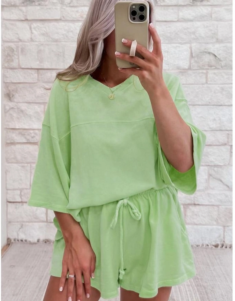 Meadow Mist Green Solid Loose V Neck Half Sleeve Tee and Shorts