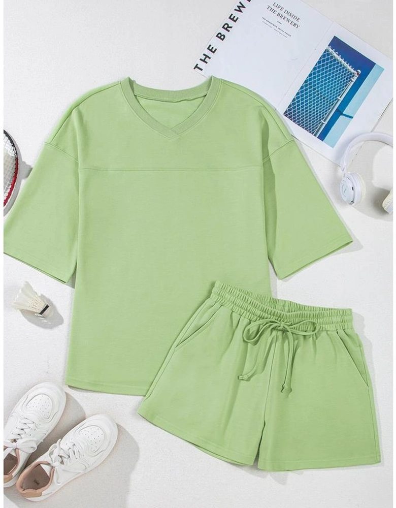 Meadow Mist Green Solid Loose V Neck Half Sleeve Tee and Shorts