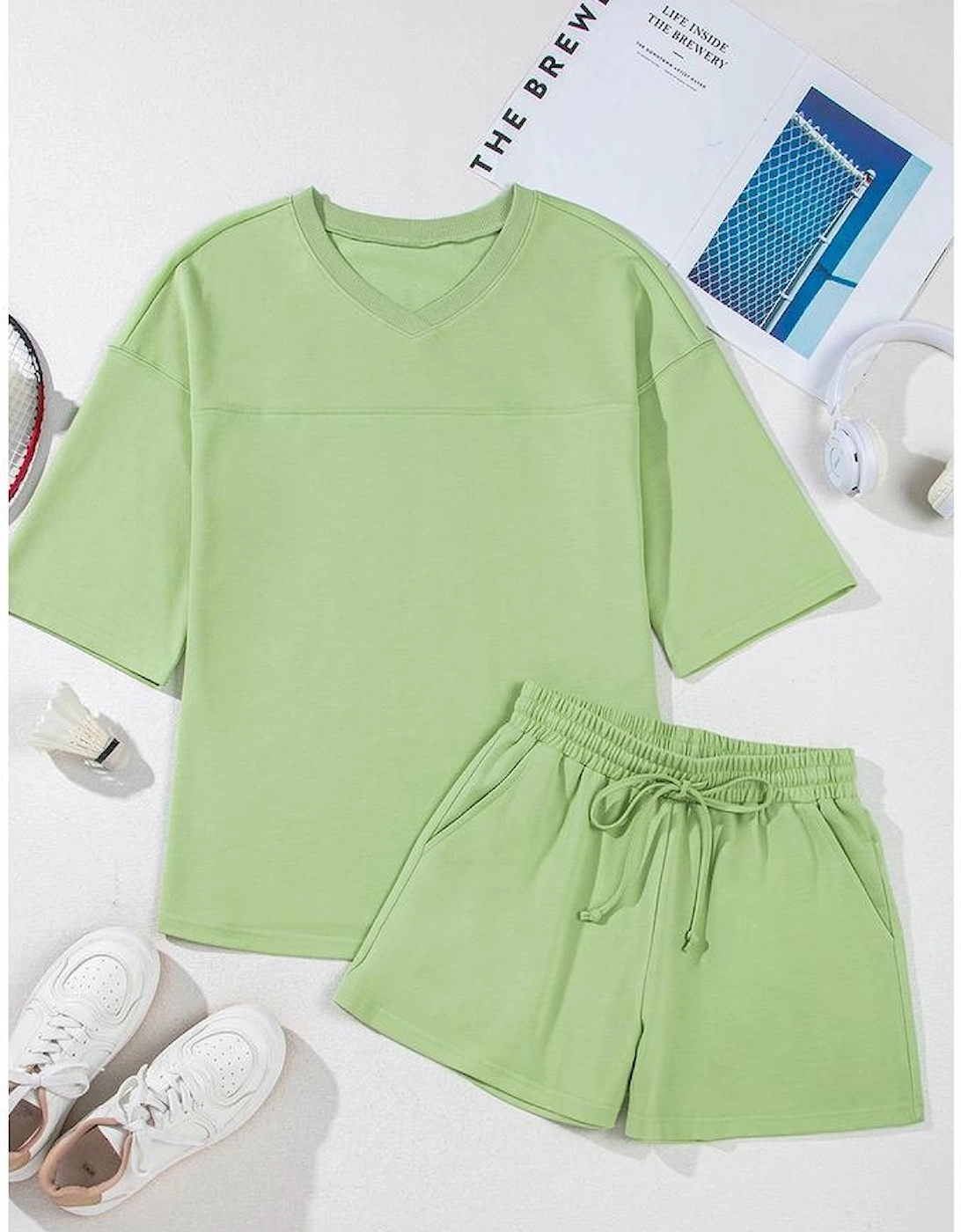 Meadow Mist Green Solid Loose V Neck Half Sleeve Tee and Shorts