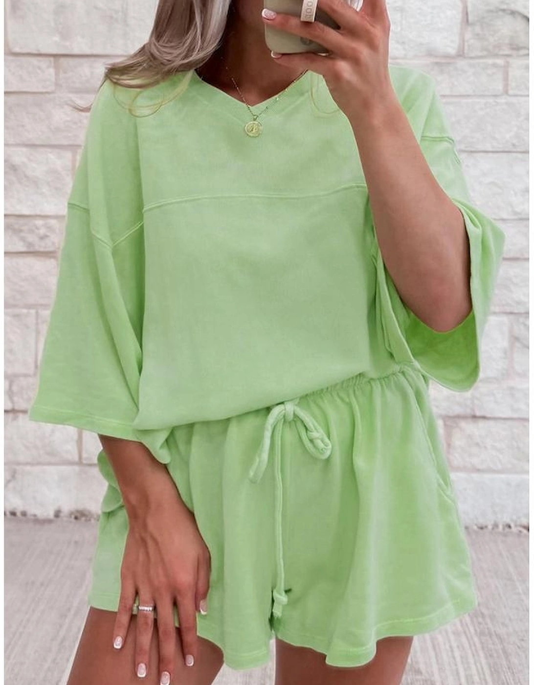 Meadow Mist Green Solid Loose V Neck Half Sleeve Tee and Shorts