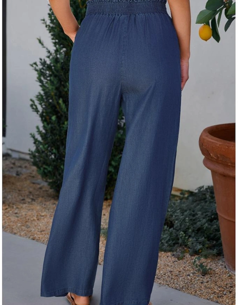 Sail Blue Side Pockets Frilled Smocked High Waist Wide Leg Jeans