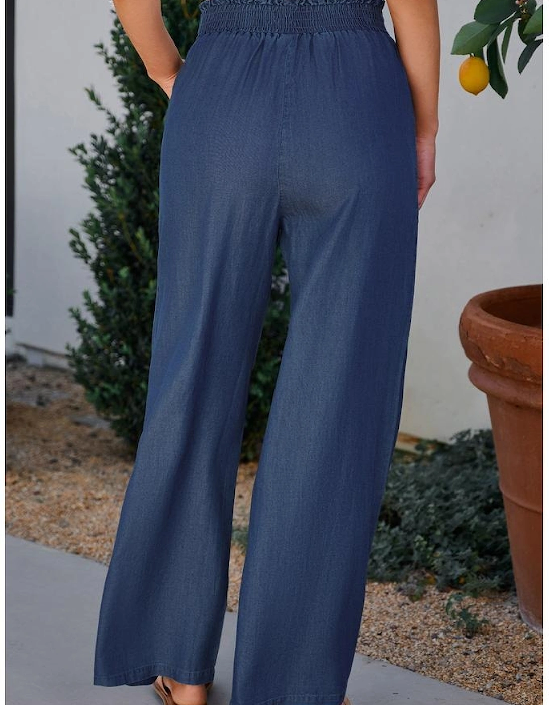 Sail Blue Side Pockets Frilled Smocked High Waist Wide Leg Jeans