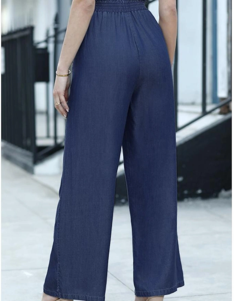 Sail Blue Side Pockets Frilled Smocked High Waist Wide Leg Jeans