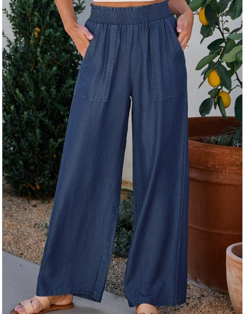 Sail Blue Side Pockets Frilled Smocked High Waist Wide Leg Jeans