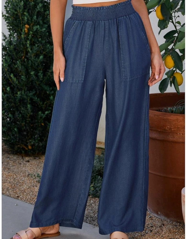 Sail Blue Side Pockets Frilled Smocked High Waist Wide Leg Jeans