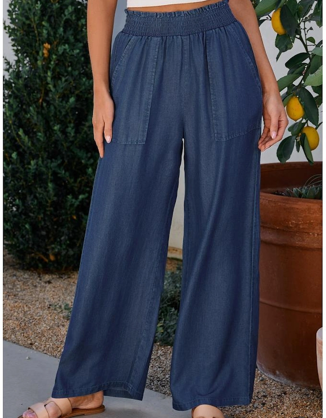 Sail Blue Side Pockets Frilled Smocked High Waist Wide Leg Jeans