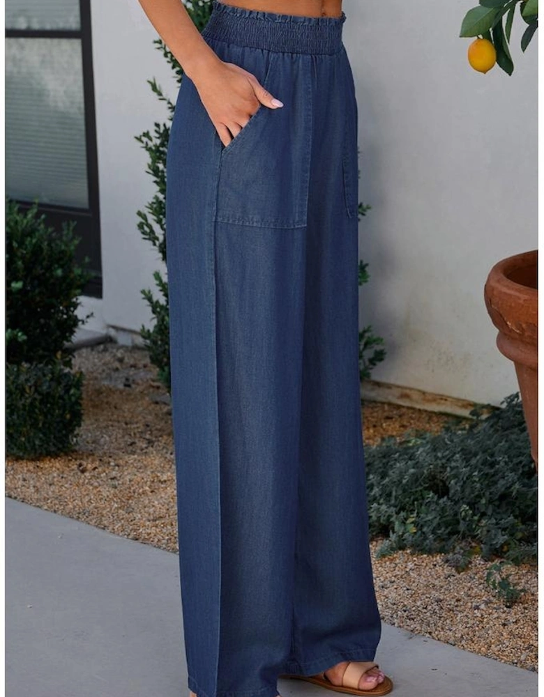 Sail Blue Side Pockets Frilled Smocked High Waist Wide Leg Jeans