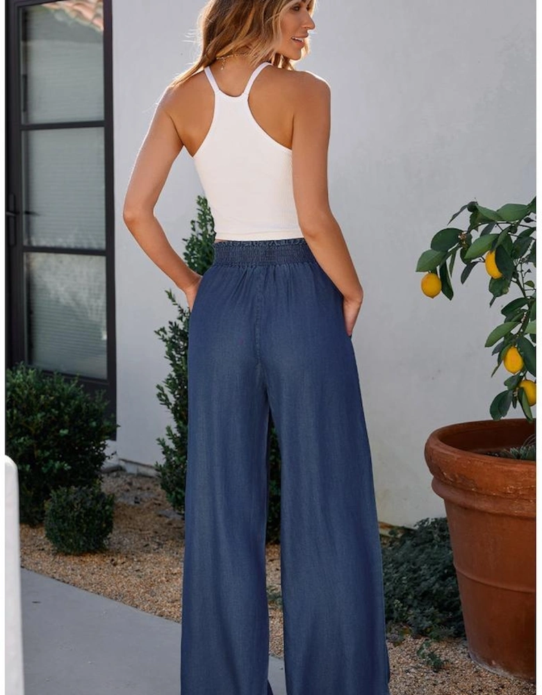 Sail Blue Side Pockets Frilled Smocked High Waist Wide Leg Jeans