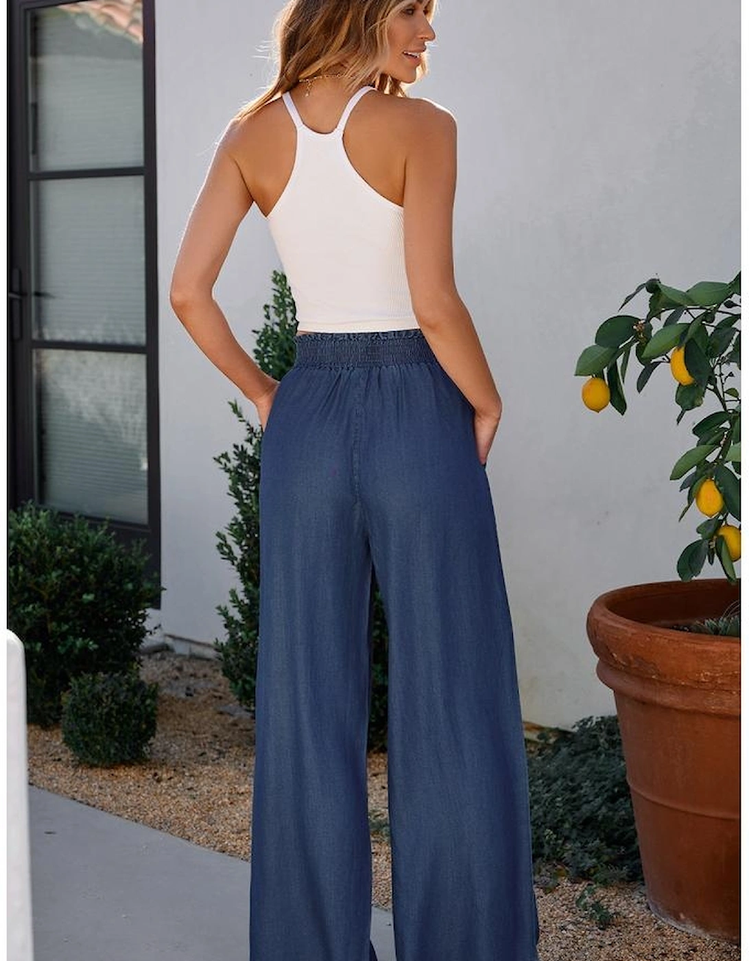 Sail Blue Side Pockets Frilled Smocked High Waist Wide Leg Jeans