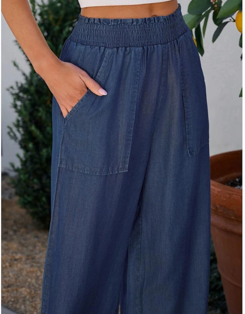Sail Blue Side Pockets Frilled Smocked High Waist Wide Leg Jeans