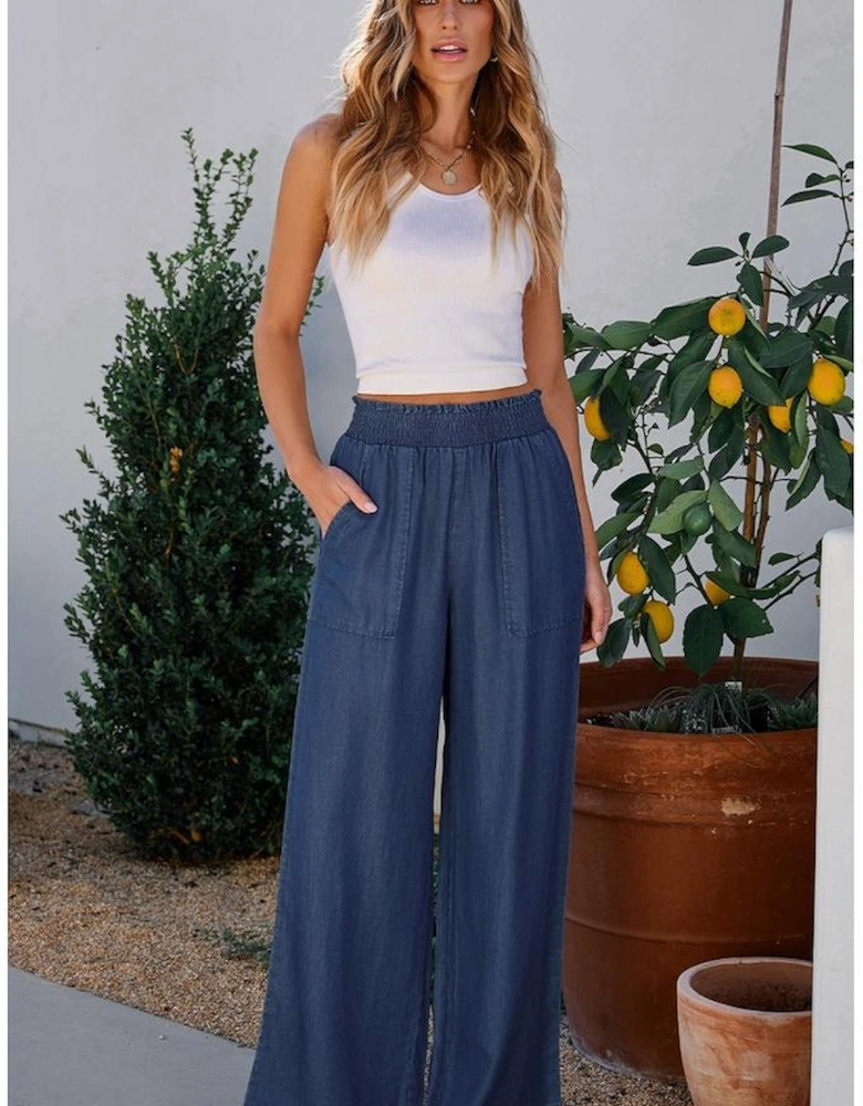 Sail Blue Side Pockets Frilled Smocked High Waist Wide Leg Jeans