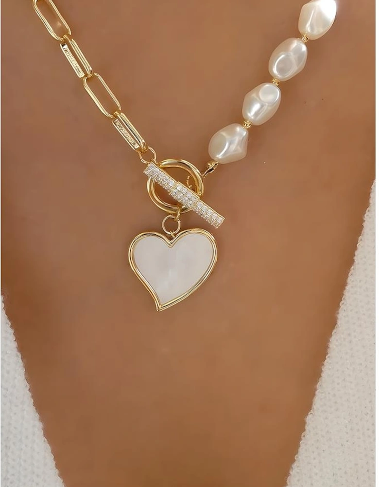 Gold Heart Shape Pendant Rhinestone Decor Pearl Chain Necklace