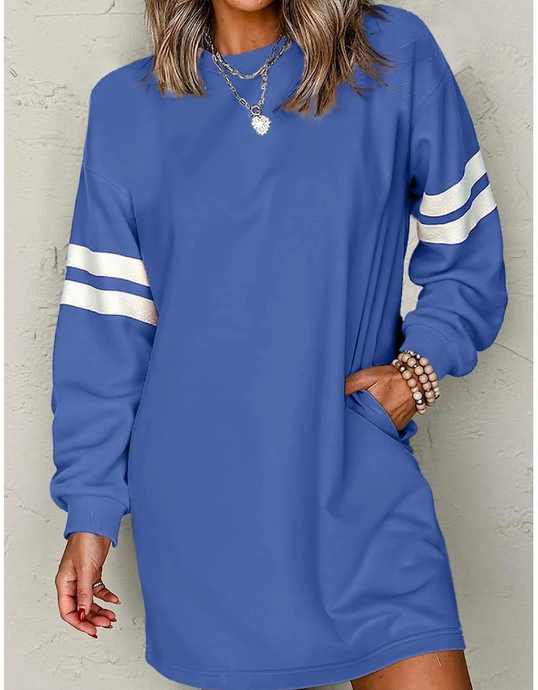Sky Blue Varsity Contrast Banded Sleeve Shift Sweatshirt Dress