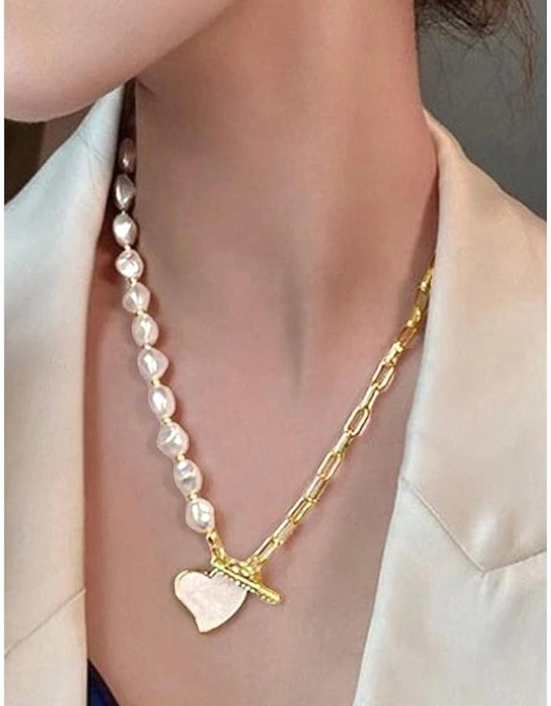 Gold Heart Shape Pendant Rhinestone Decor Pearl Chain Necklace, 8 of 7