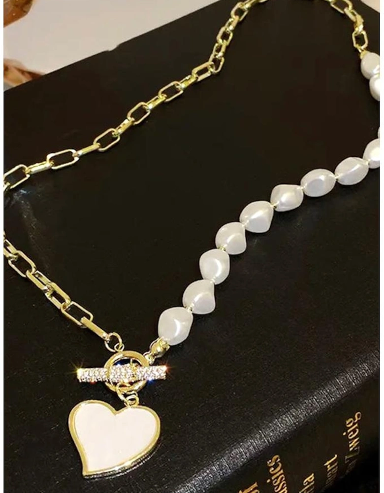Gold Heart Shape Pendant Rhinestone Decor Pearl Chain Necklace