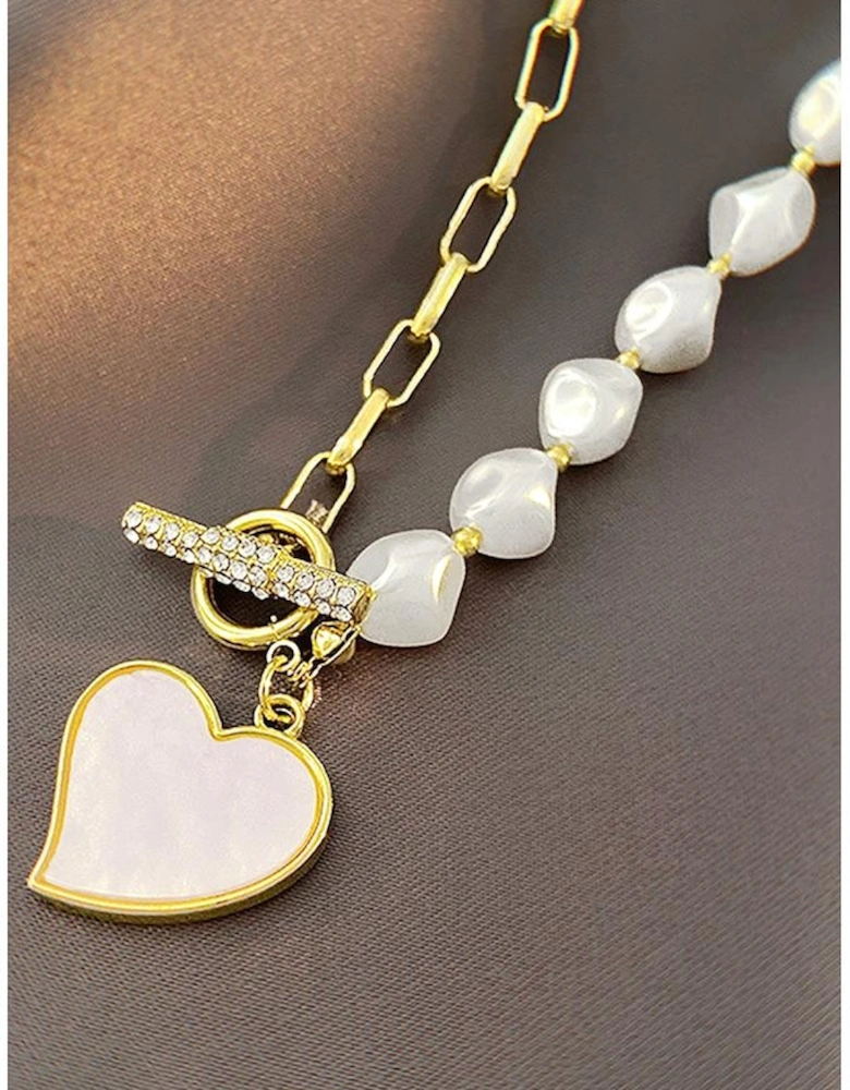 Gold Heart Shape Pendant Rhinestone Decor Pearl Chain Necklace