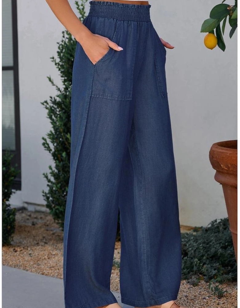 Sail Blue Side Pockets Frilled Smocked High Waist Wide Leg Jeans