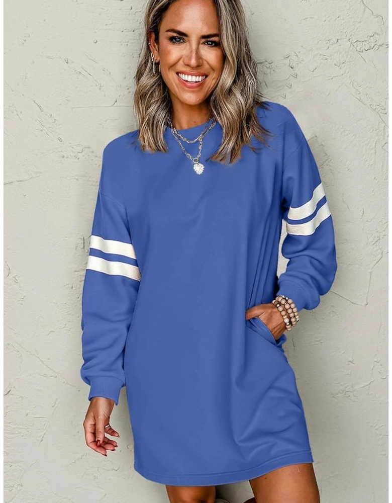 Sky Blue Varsity Contrast Banded Sleeve Shift Sweatshirt Dress