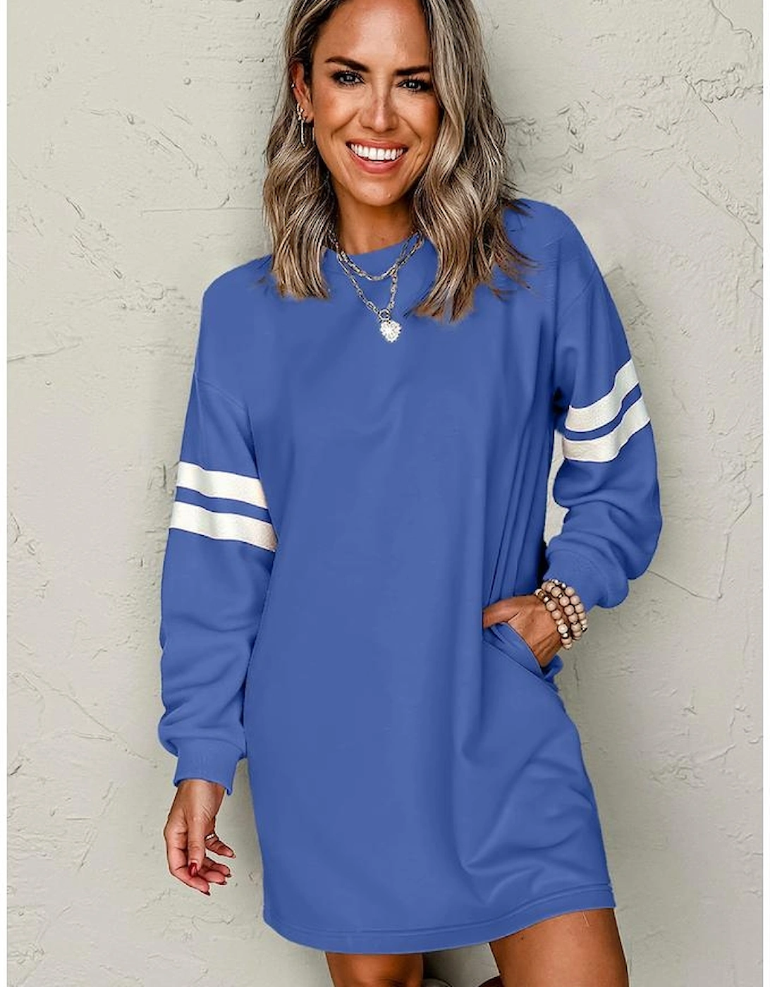 Sky Blue Varsity Contrast Banded Sleeve Shift Sweatshirt Dress