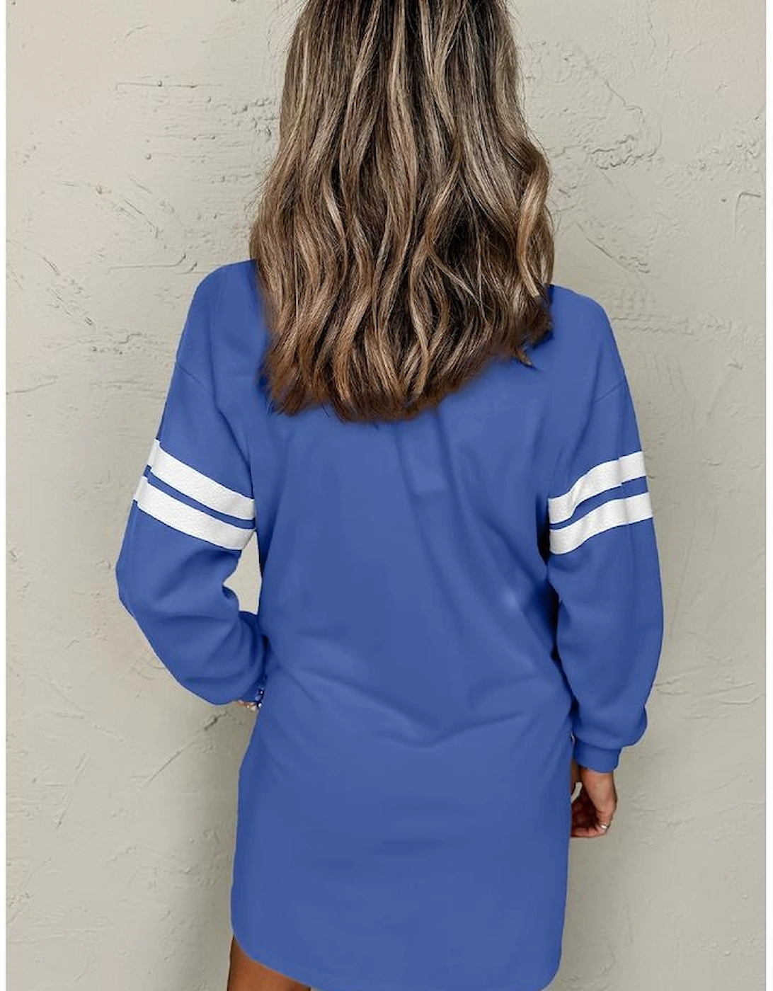 Sky Blue Varsity Contrast Banded Sleeve Shift Sweatshirt Dress, 5 of 4