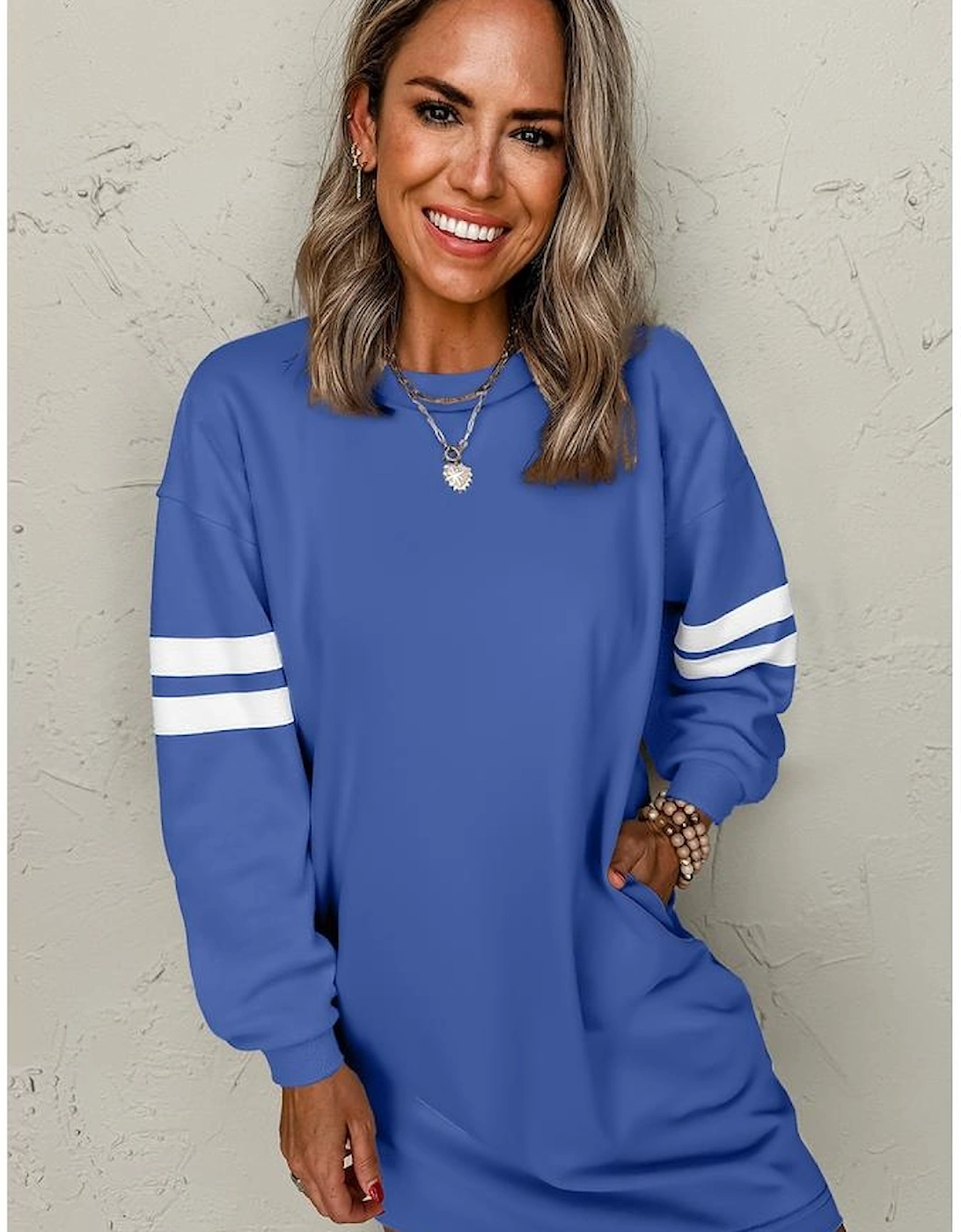 Sky Blue Varsity Contrast Banded Sleeve Shift Sweatshirt Dress