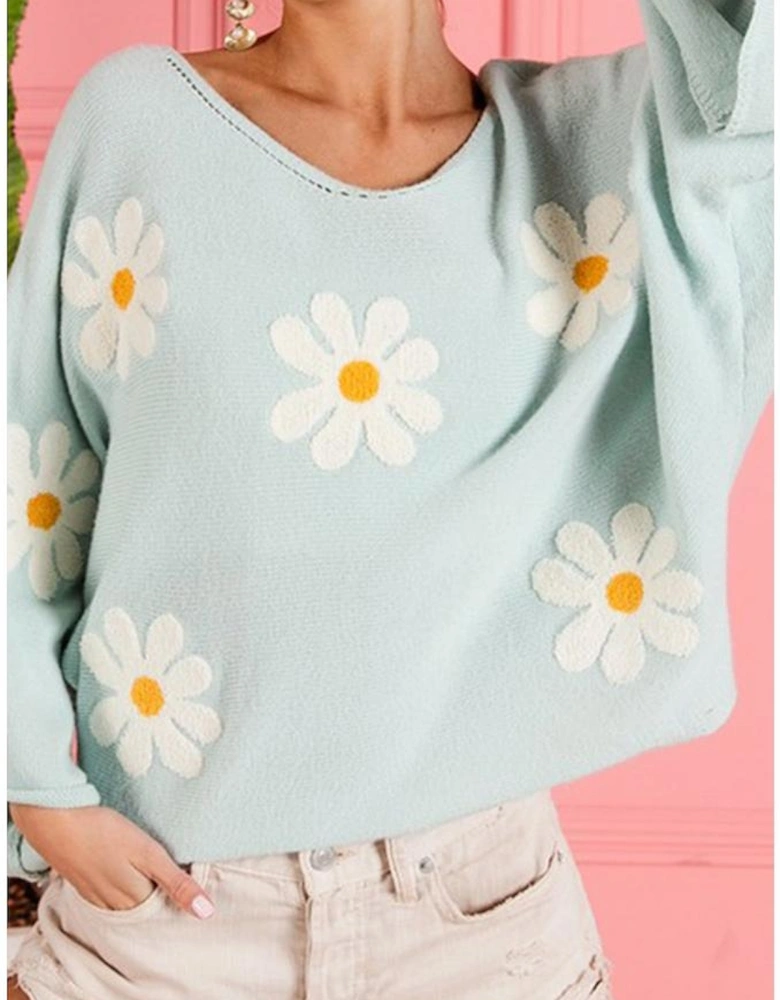 Azura Exchange Flower Embroidery Batwing Sleeve Sweater
