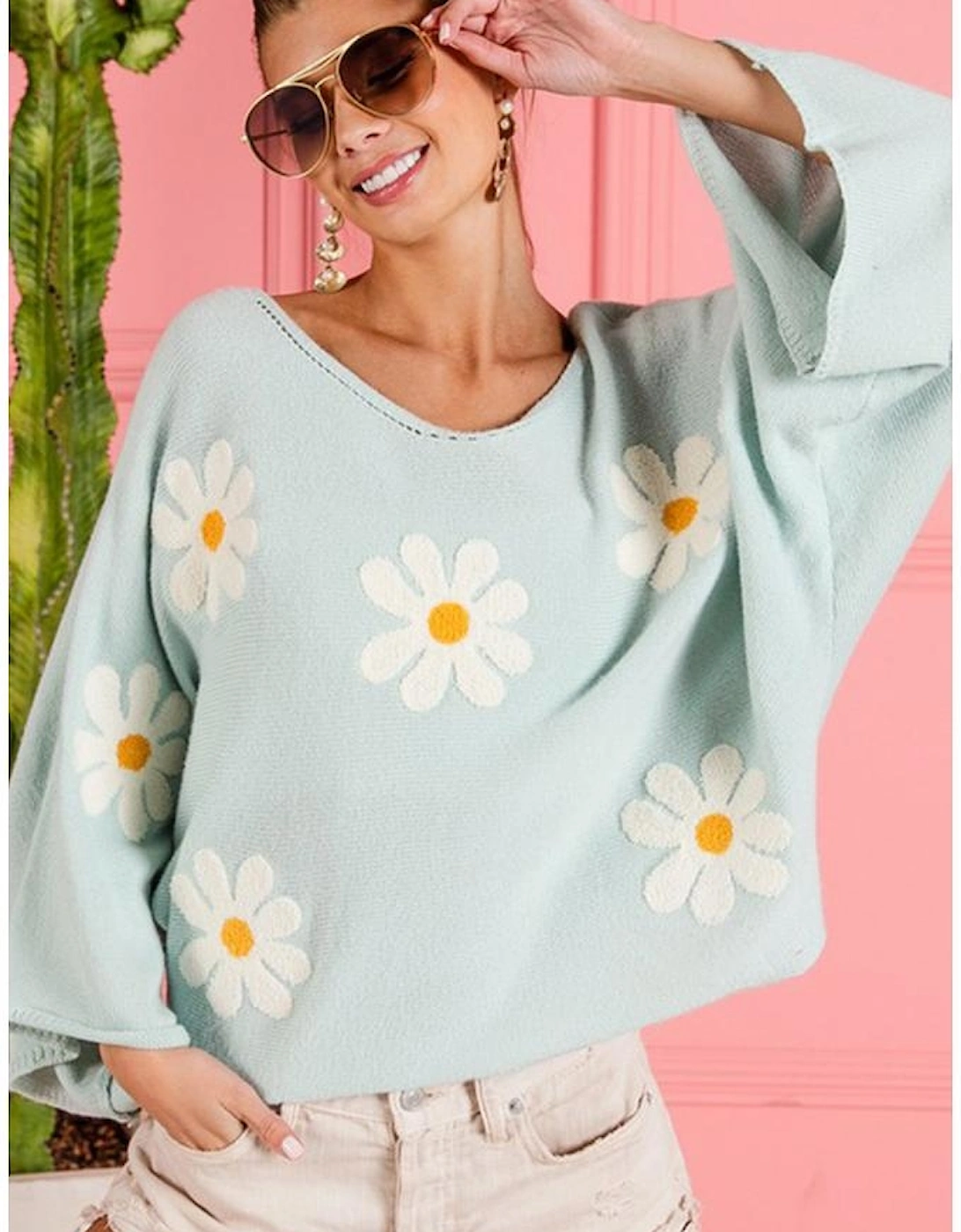 Azura Exchange Flower Embroidery Batwing Sleeve Sweater