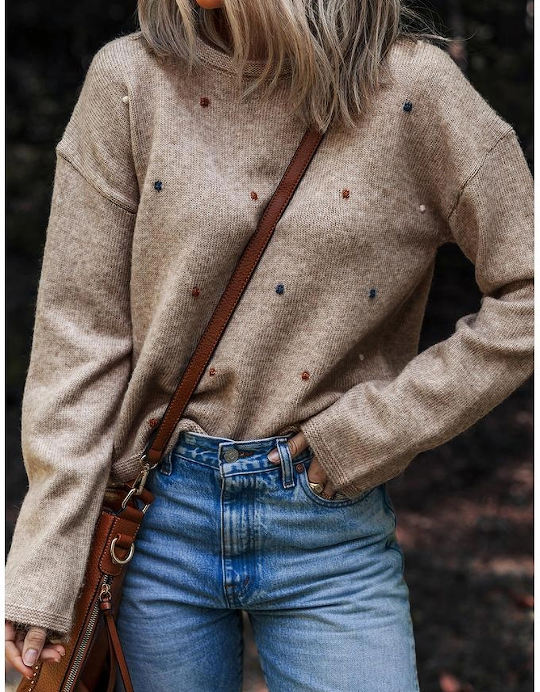 Gray Morn Contrast Colored Dot Detail Drop Shoulder Sweater