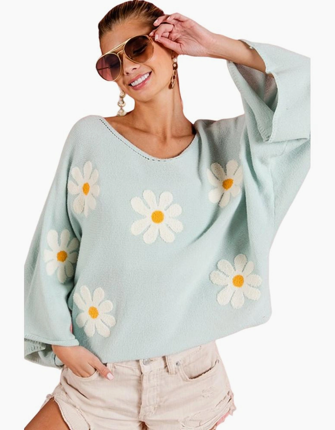 Azura Exchange Flower Embroidery Batwing Sleeve Sweater