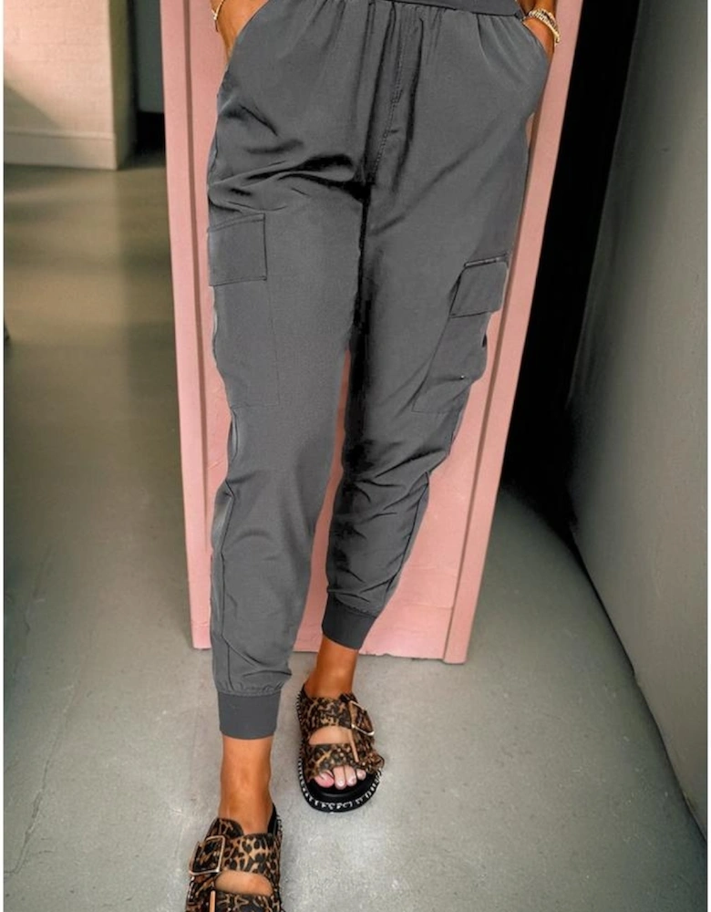 Medium Grey Elastic High Waist Pocketed Cargo Jogger Pants