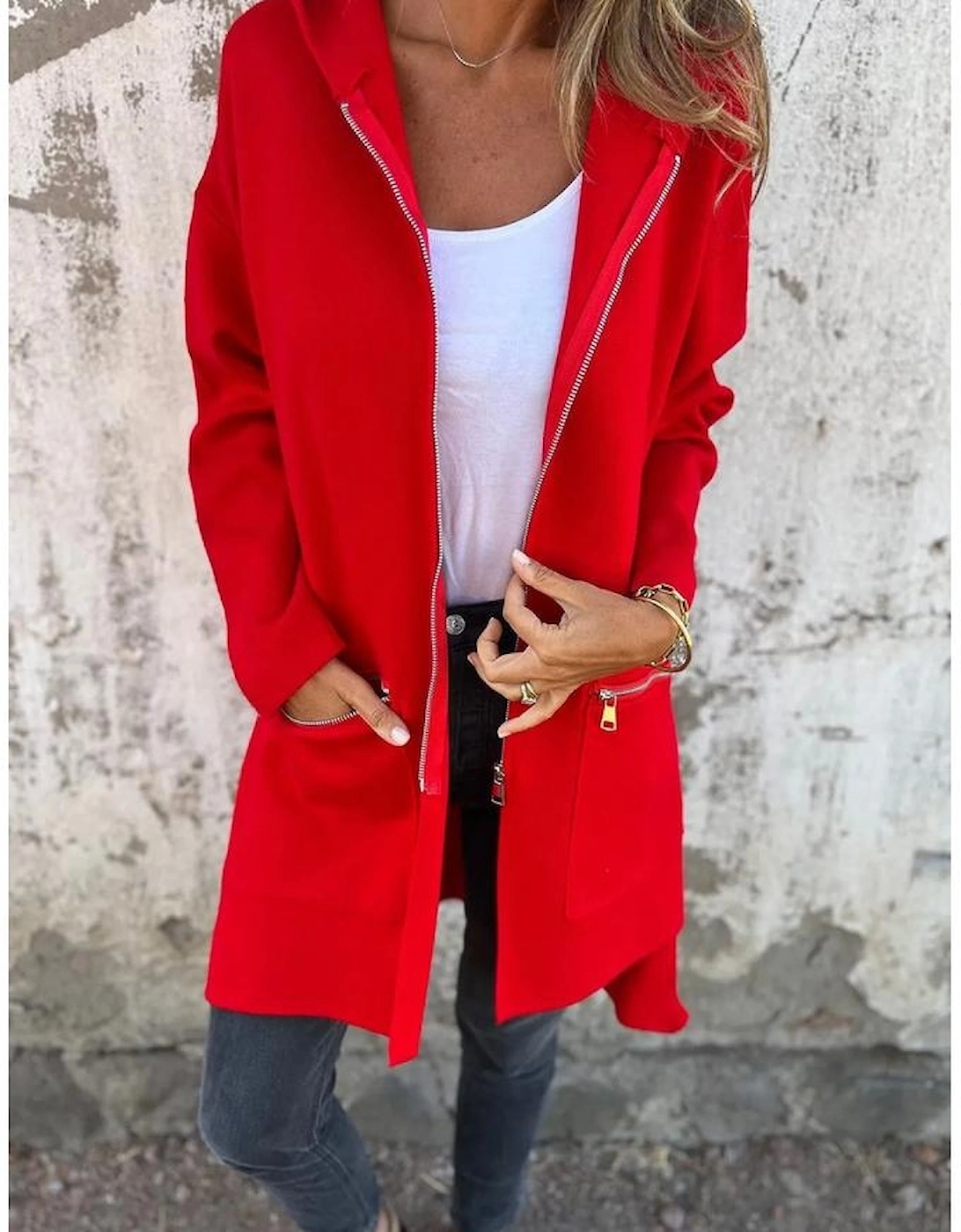 Fiery Red Solid Color Casual Zip up Hooded Coat, 12 of 11