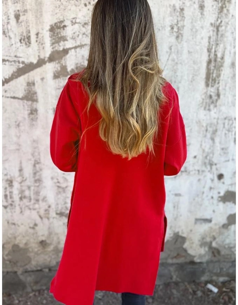 Fiery Red Solid Color Casual Zip up Hooded Coat