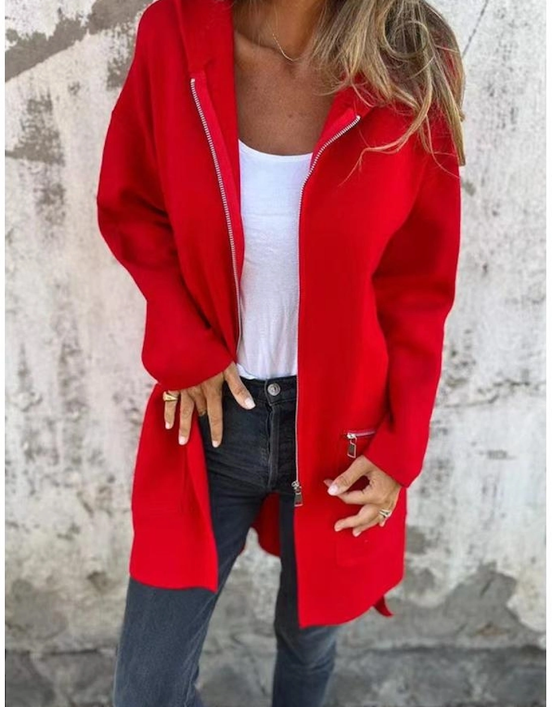 Fiery Red Solid Color Casual Zip up Hooded Coat
