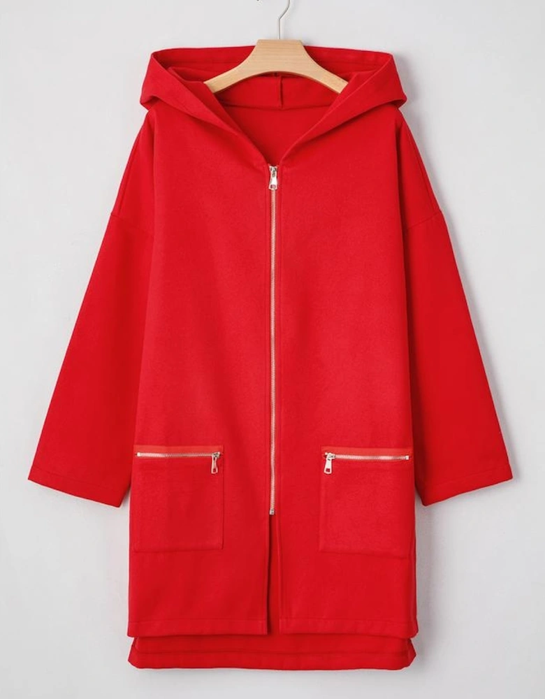Fiery Red Solid Color Casual Zip up Hooded Coat