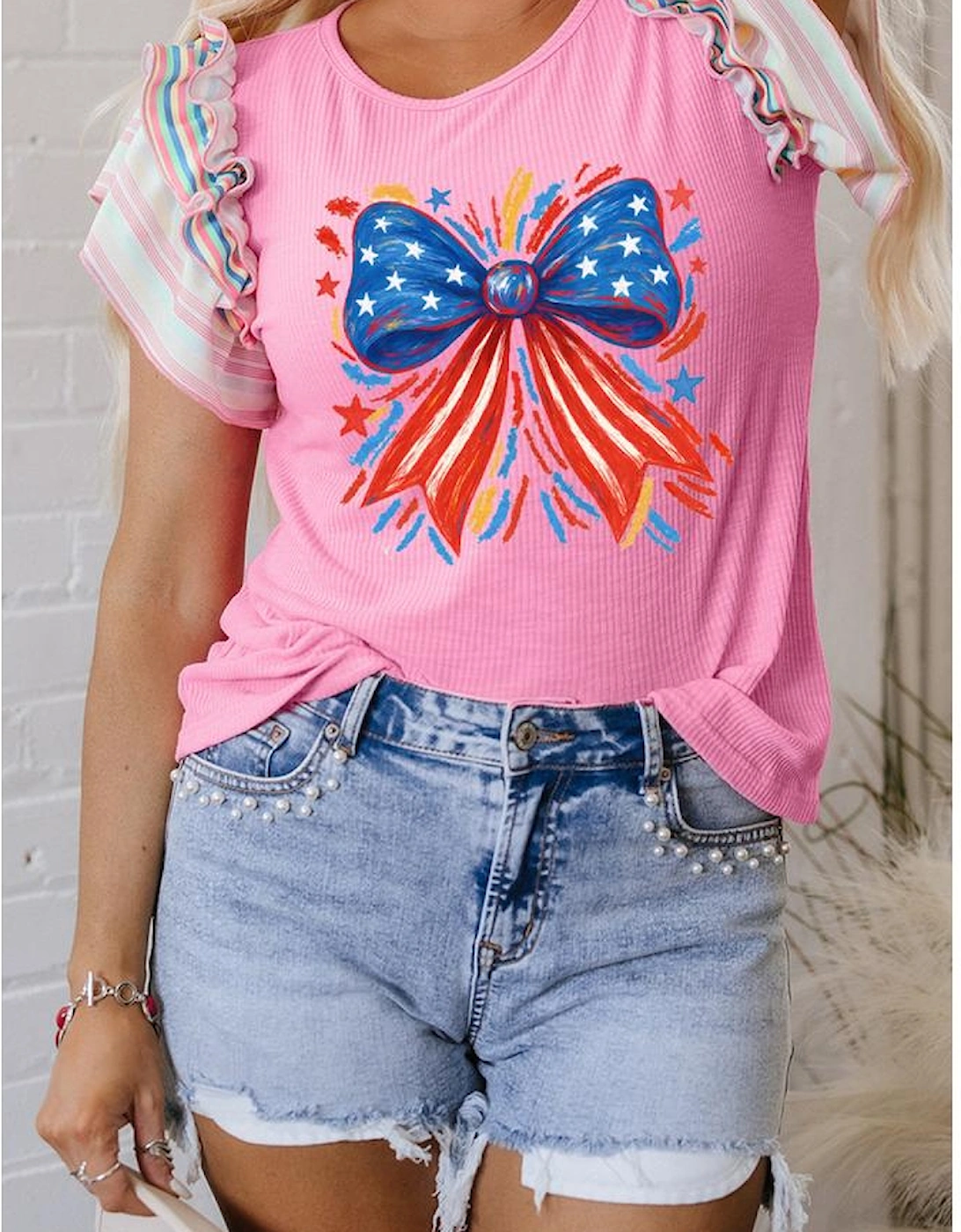 Bonbon Independence Celebration Bowknot Graphic Ruffled Sleeve Ribbed Summer Top