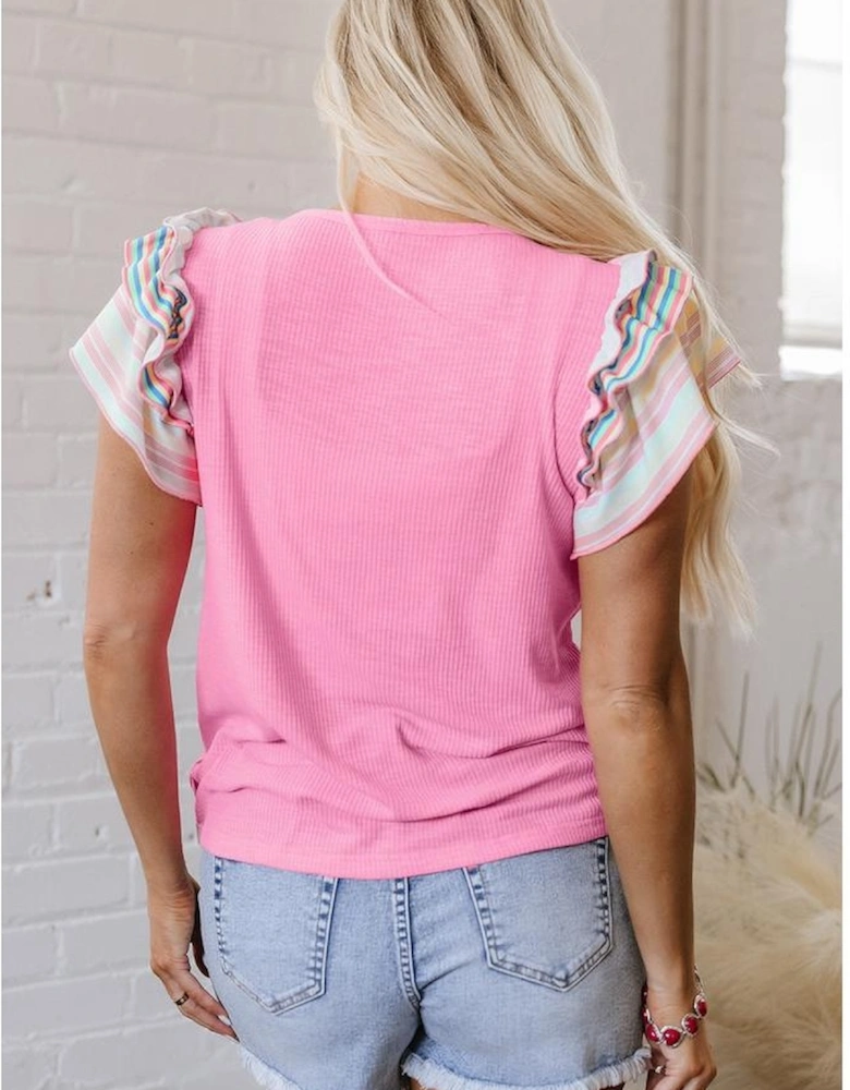 Bonbon Independence Celebration Bowknot Graphic Ruffled Sleeve Ribbed Summer Top