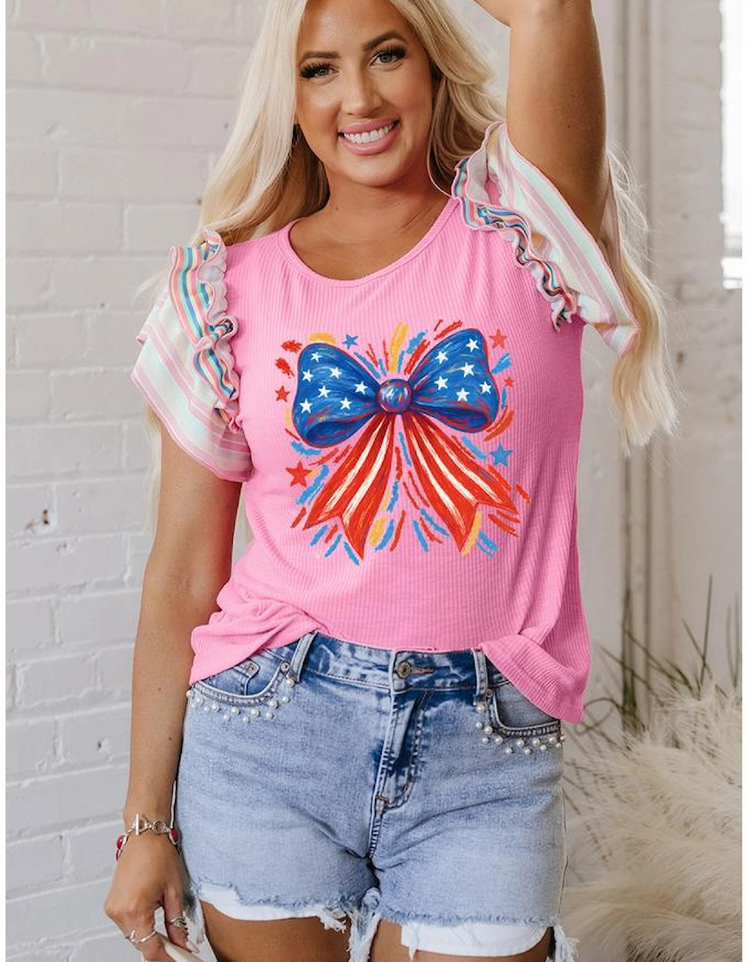 Bonbon Independence Celebration Bowknot Graphic Ruffled Sleeve Ribbed Summer Top