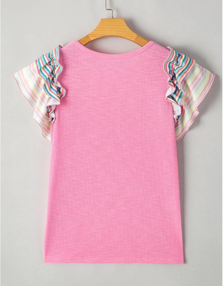 Bonbon Striped Ruffle Flutter Sleeve Ribbed Blouse