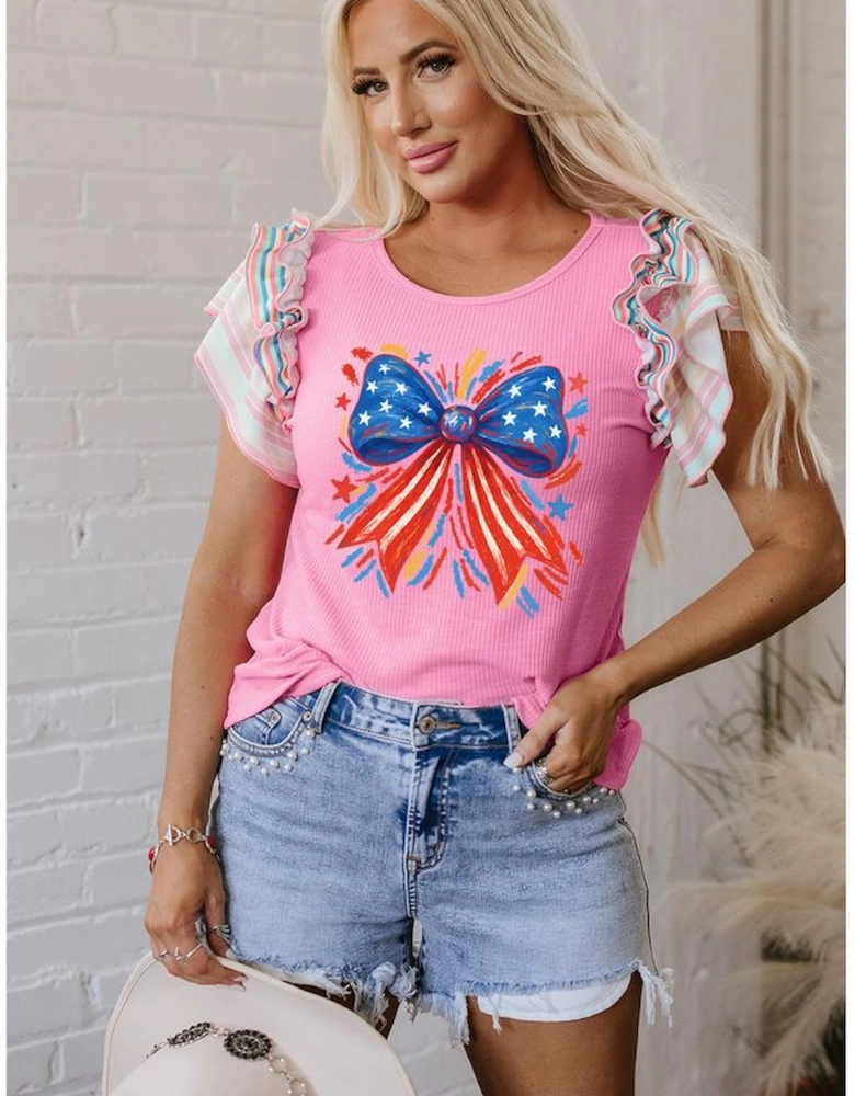 Bonbon Independence Celebration Bowknot Graphic Ruffled Sleeve Ribbed Summer Top