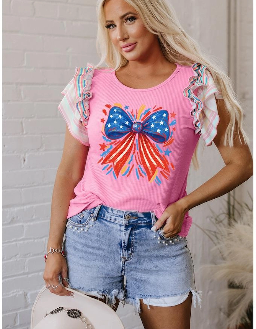 Bonbon Independence Celebration Bowknot Graphic Ruffled Sleeve Ribbed Summer Top