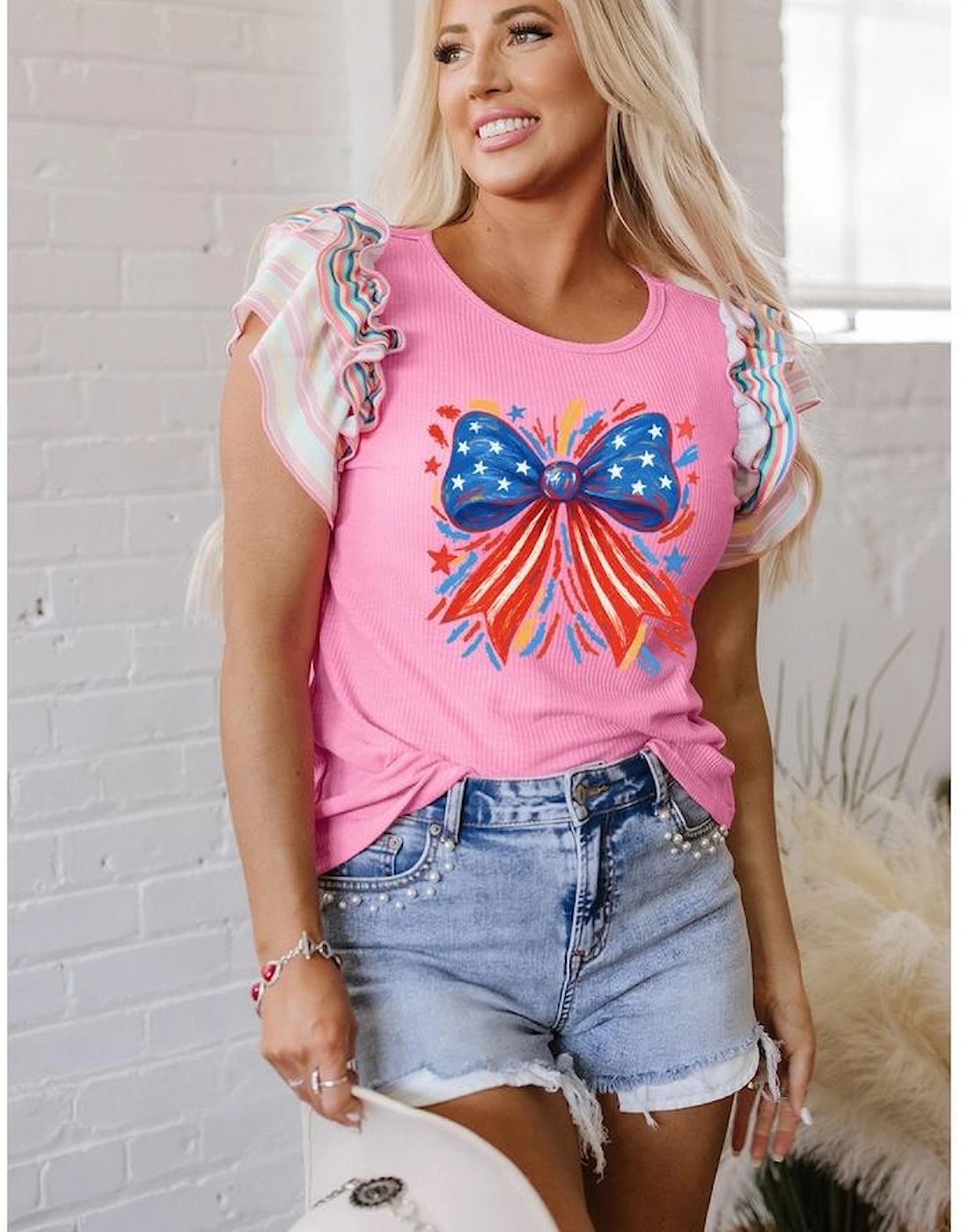 Bonbon Independence Celebration Bowknot Graphic Ruffled Sleeve Ribbed Summer Top