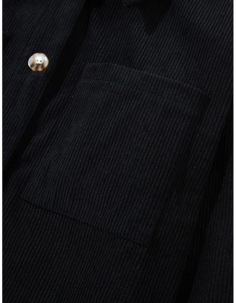 Black Hooded Drawstring Pockets Corduroy Shacket