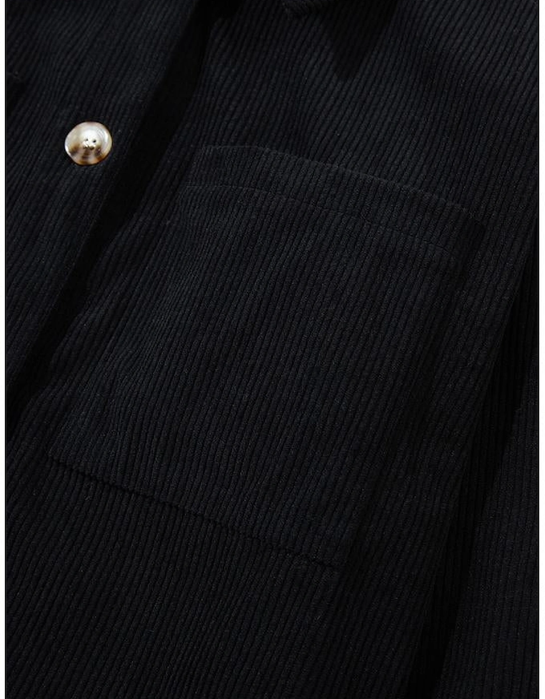 Black Hooded Drawstring Pockets Corduroy Shacket