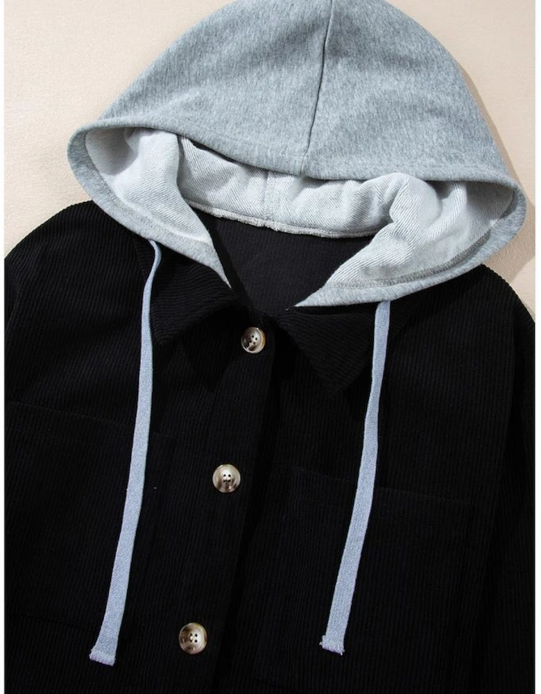 Black Hooded Drawstring Pockets Corduroy Shacket
