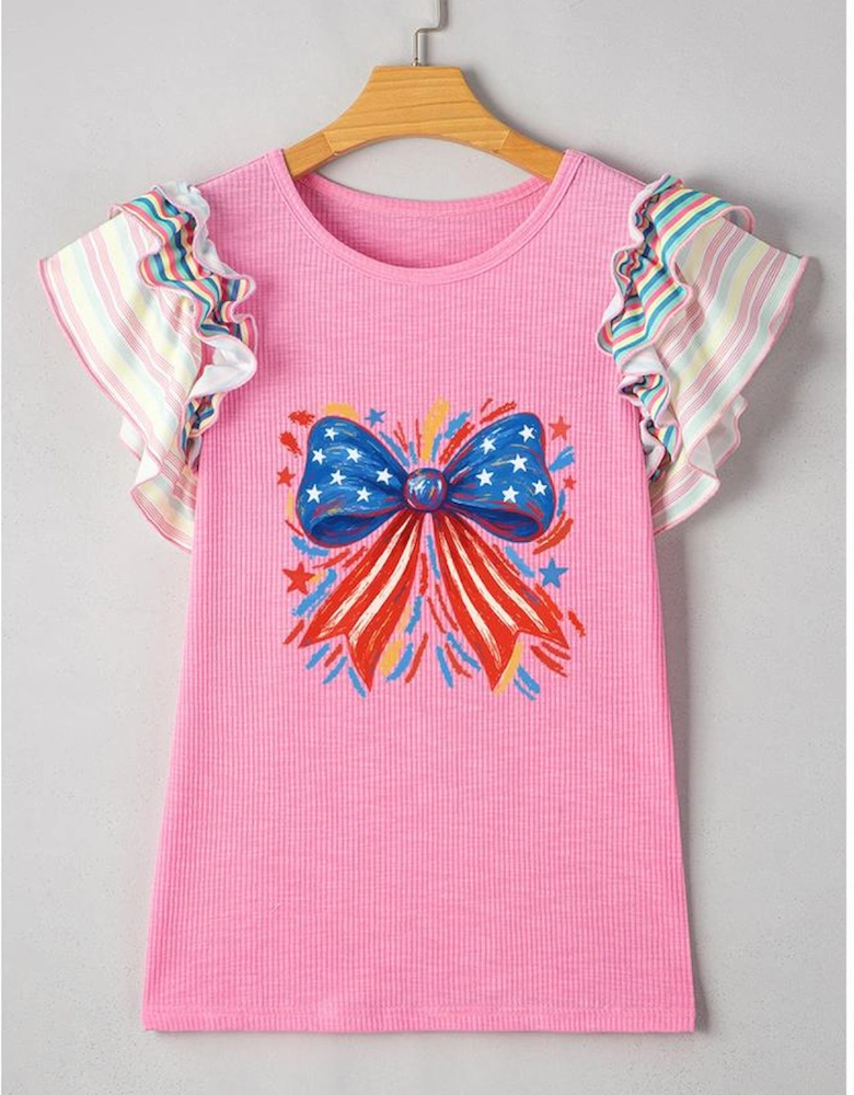Bonbon Independence Celebration Bowknot Graphic Ruffled Sleeve Ribbed Summer Top