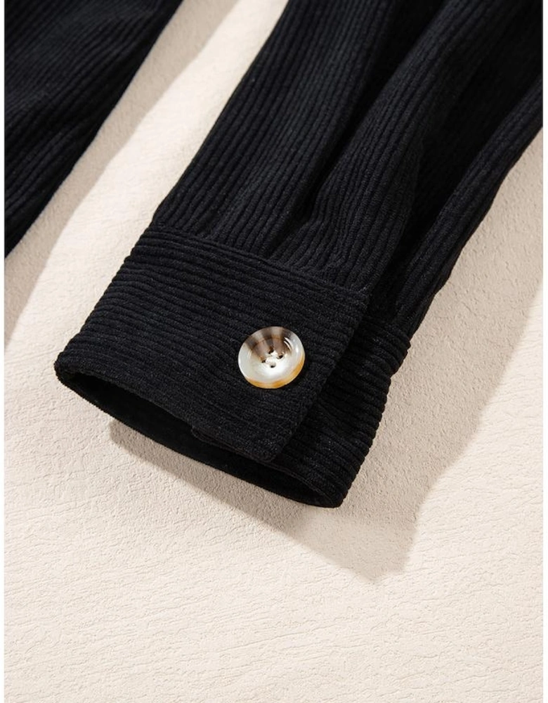 Black Hooded Drawstring Pockets Corduroy Shacket